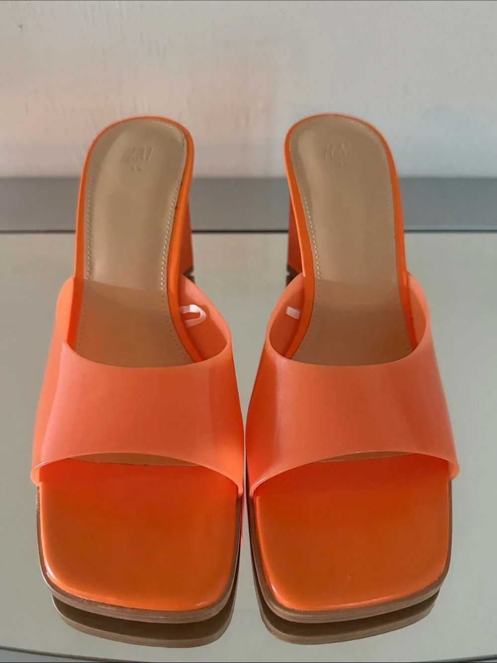 H&M Wedge Heel Mules Women’s Size 8 Orange Patent Square Toe